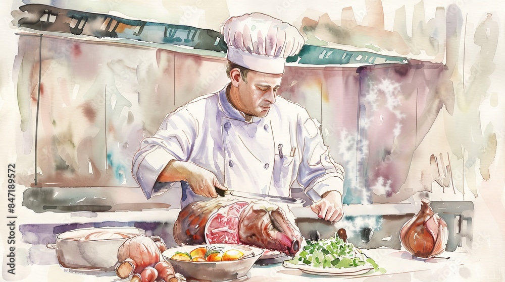 A chef is carving a roasted leg of lamb in a restaurant kitchen. A chef is carving a roasted leg of lamb in a restaurant kitchen.