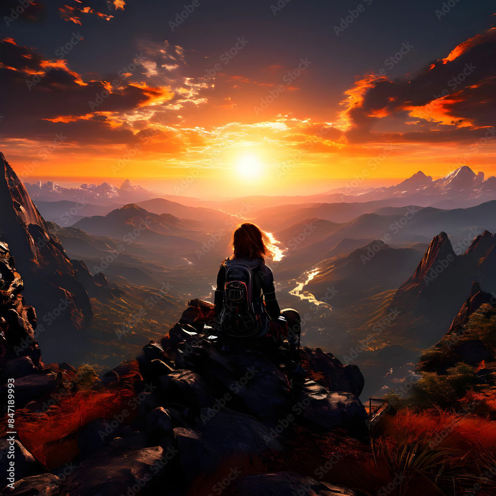 Fototapeta premium A girl sitting on the a mountain watching the sun setting behind the mountains