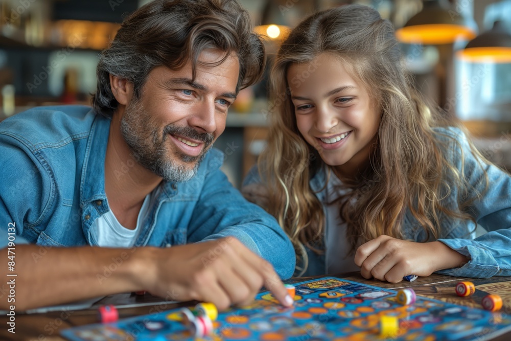 Father and daughter playing a board game Father and daughter playing a board game