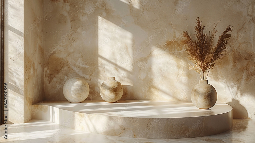 A white vase with a brown base sits on a pedestal in a room with a tan wall A white vase with a brown base sits on a pedestal in a room with a tan wall