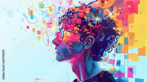 Tech frustration stress burnout and information overload; too much and too many mental health problems of living in the modern world, colorful illustration style (generative AI, AI)