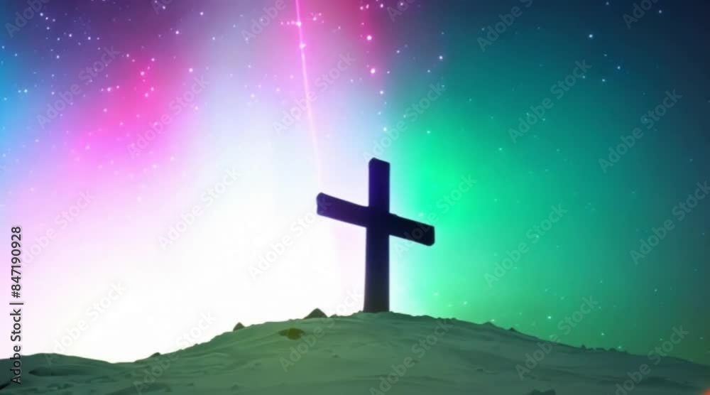 Christian's sign cross in the night with bright and reflective sky Christian's sign cross in the night with bright and reflective sky