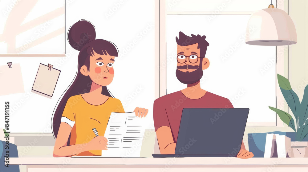 A man and a woman sitting at a desk with a laptop A man and a woman sitting at a desk with a laptop
