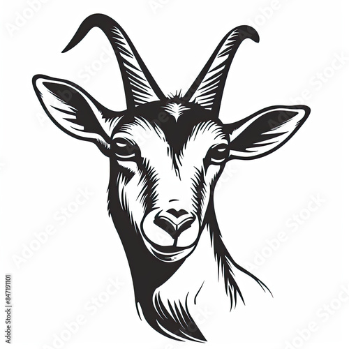 A black and white drawing of a goat 's head