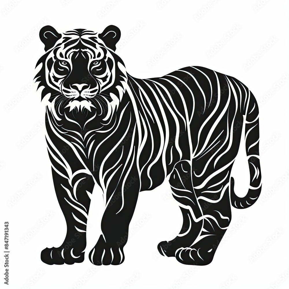 A black and white drawing of a tiger on a white background A black and white drawing of a tiger on a white background