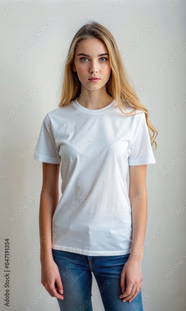 Young woman model in white t-shirt standing on neutral background Young woman model in white t-shirt standing on neutral background