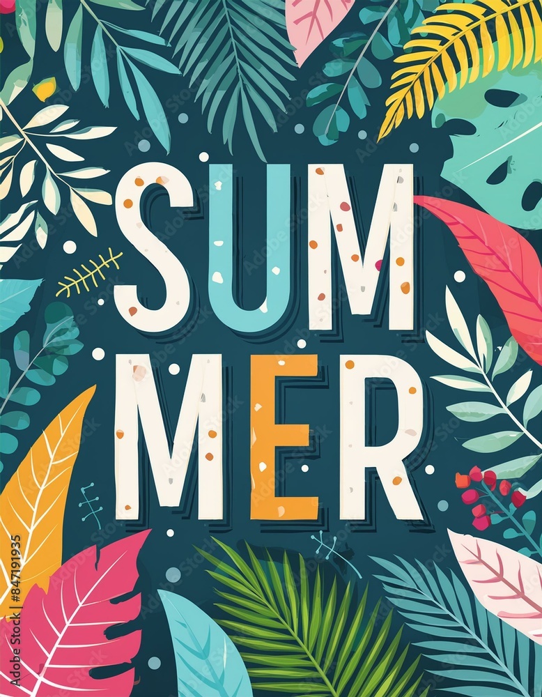 Fototapeta premium Summer Background - Summer Holiday season - Sunny Summer Vacation on a Trip abroad - Background for Summer - Poster for Summer Holiday - Wallpaper for Summer Season with Palm Trees and Flowers