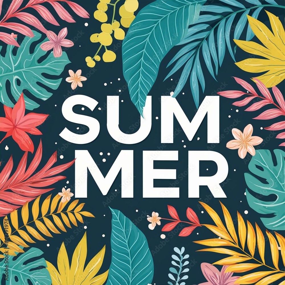 Fototapeta premium Summer Background - Summer Holiday season - Sunny Summer Vacation on a Trip abroad - Background for Summer - Poster for Summer Holiday - Wallpaper for Summer Season with Palm Trees and Flowers