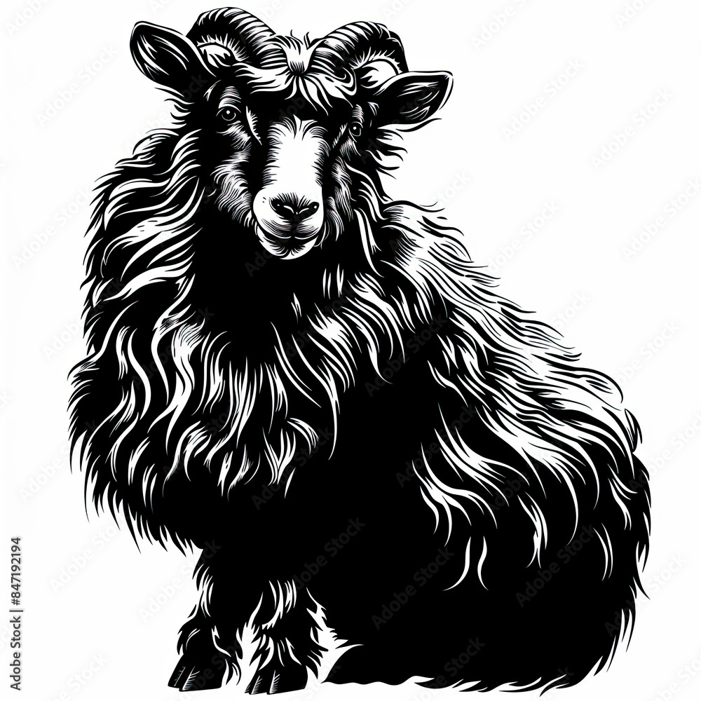 A black and white drawing of a goat with horns A black and white drawing of a goat with horns