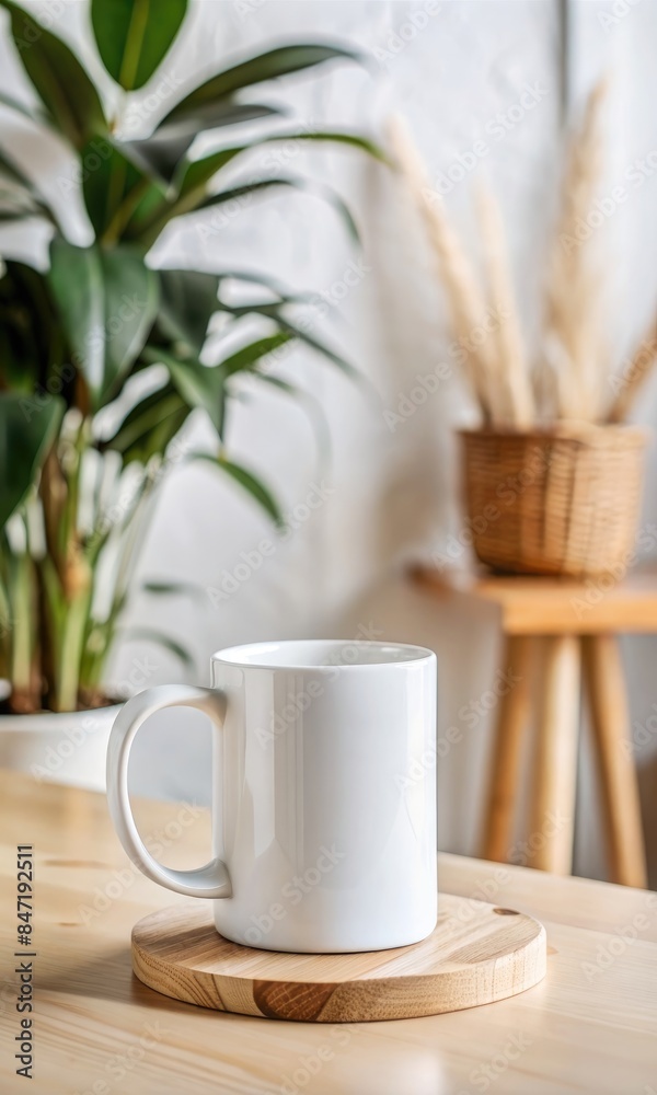 White mug on a wooden table against the background of a modern interior and plants White mug on a wooden table against the background of a modern interior and plants