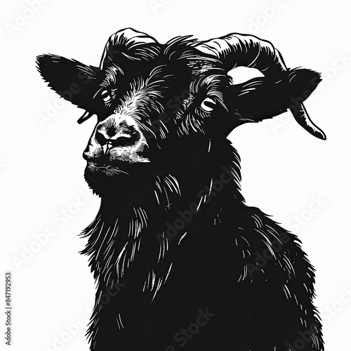 A black and white drawing of a goat with horns