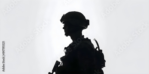 Silhouette of a soldier in military uniform with a visible weapon on a simple white background. Ideal for themes of warfare, defense, and military service, with copy space photo