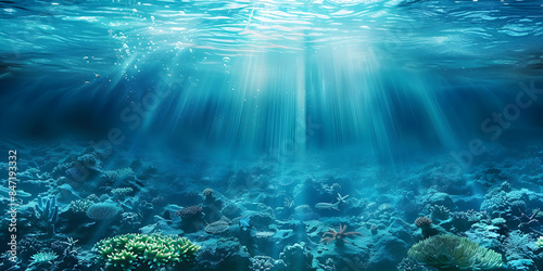 Serene underwater scene with sunlight filtering through clear blue water, revealing a coral reef teeming with marine life. Ideal for ocean-themed designs, marine biology studies © Arma