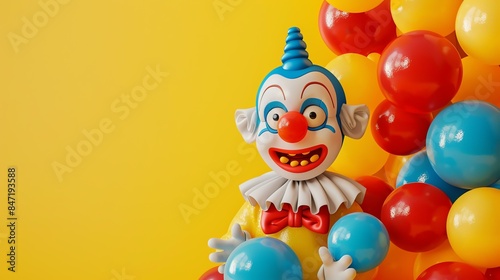 3D rendering of a clown with a big smile on his face. He is wearing a yellow and red striped shirt, a red nose, and a blue hat. photo