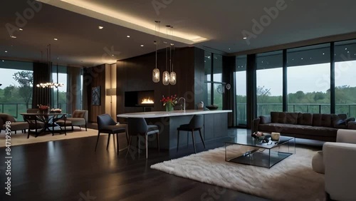 with floor to celing windows with sheer curtains. sleek modern furniture in netural tones and ultra modern kitchen. Floating staircase to second floor. Fesh vibrant flowers in vase photo