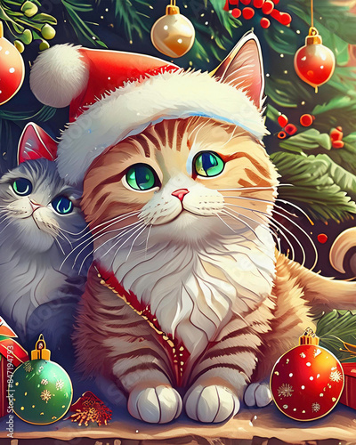 Two Cute Cats Enjoying Christmas Ornaments Under a Tree.