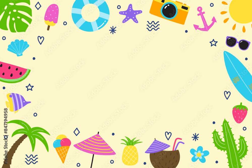 Fototapeta premium Colourful abstract summer background. Poster or banner with holiday elements. Vector illustration