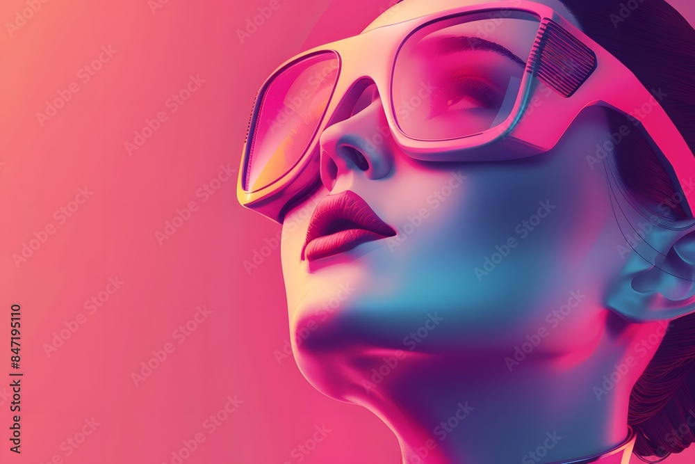 A close-up of a stylish brunette model with red lipstick wearing sunglasses
