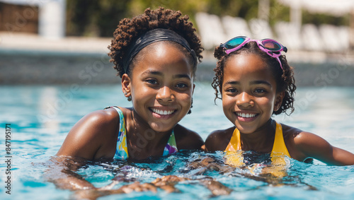African American kids in a swimming pool They both are wearing swimsuits and blue sunglasses on their heads. The child is leaning on the edge of the pool next to a yellow beach ball. In the background
