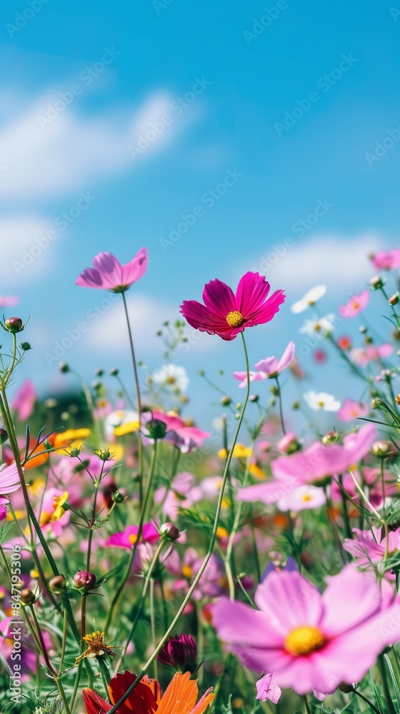 Obraz premium Colorful garden of wild flowers: Nature palette blurred background of sky and flowers