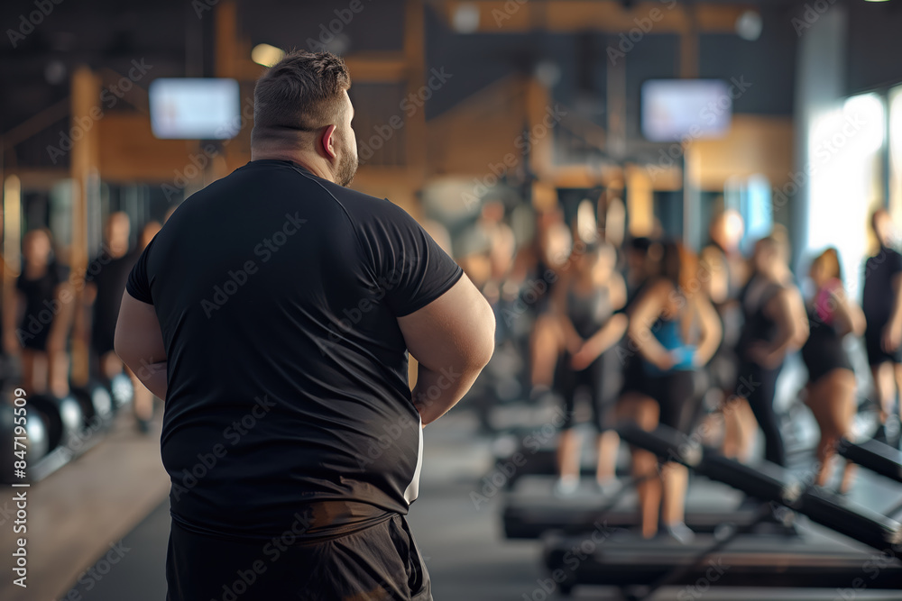 Overweight man starting his fitness journey in a crowded gym Overweight man starting his fitness journey in a crowded gym
