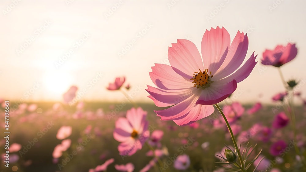 Beautiful pink cosmos flower blooming in the field with sunrise