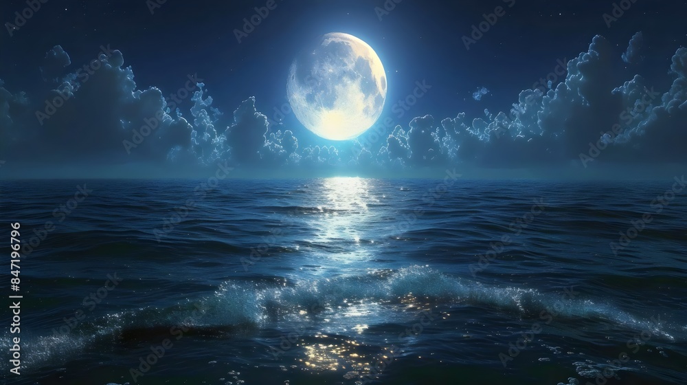 A large moon is reflected in the water of the ocean A large moon is reflected in the water of the ocean