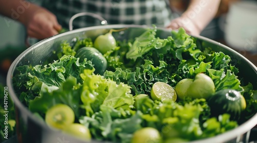 Close up view of a mixture of fresh lettuce and green fruits in a pot photo