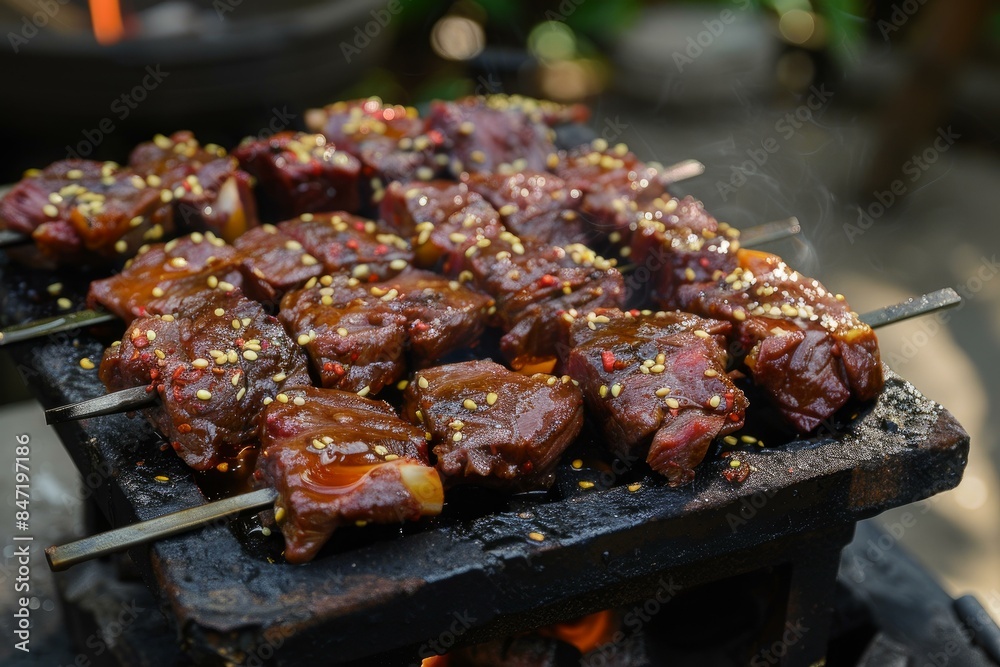 Delicious meat skewers being grilled on a hot grill with flames below Delicious meat skewers being grilled on a hot grill with flames below