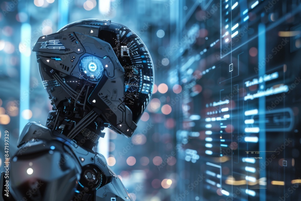 Fototapeta premium High-Tech Robot Analyzing Digital Data on Futuristic Interface