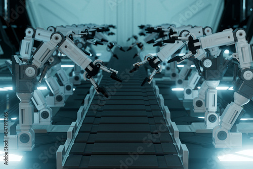 3D Render of Robotic Arms on Futuristic Assembly Line photo