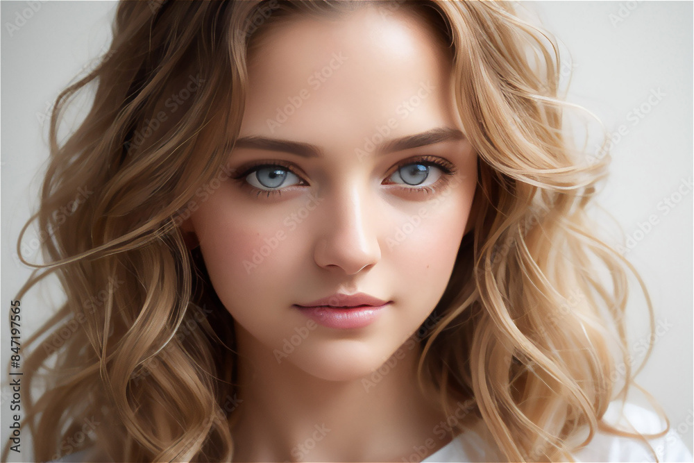 Fototapeta premium Close-up portrait of a blonde, blue-eyed woman with wavy hair, wearing a white blouse, exuding elegance and beauty