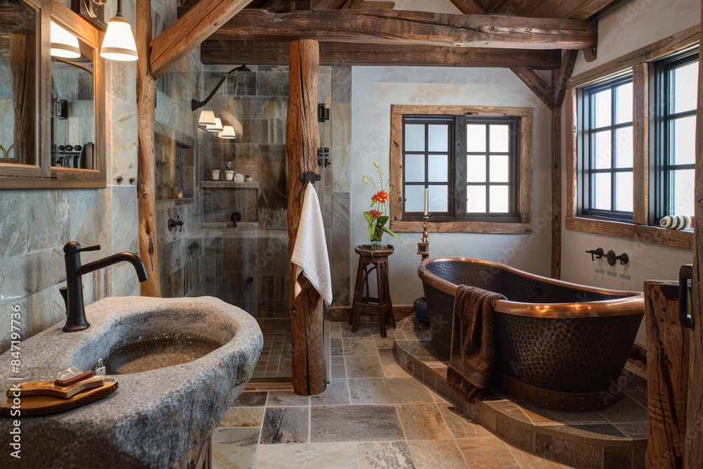 A rustic bathroom featuring a stone sink, wooden beams, and a copper bathtub. A rustic bathroom featuring a stone sink, wooden beams, and a copper bathtub.