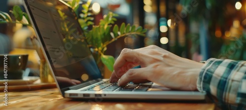 Online work: close-up of hands typing on a laptop with a blurry background photo