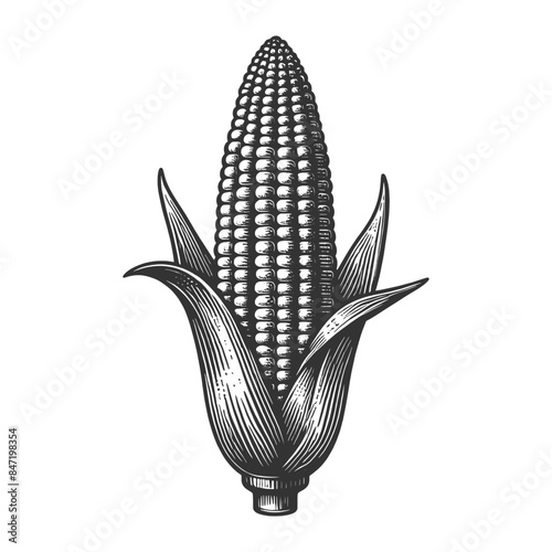 corn cob with pop corn husk and kernel texture sketch engraving generative ai fictional character vector illustration. Scratch board imitation. Black and white image.