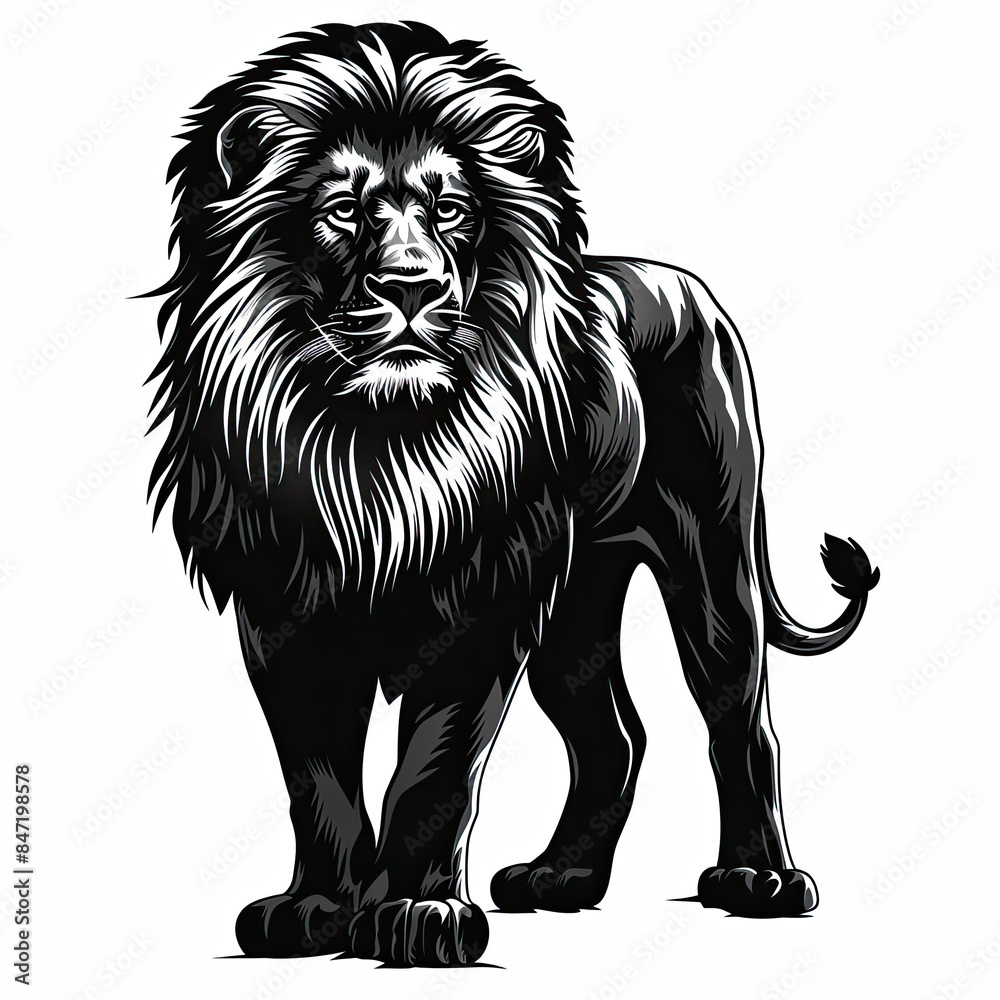 Obraz premium A black and white drawing of a lion on a white background