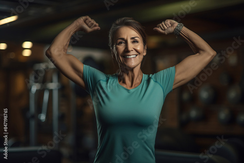 Smiling woman flexing biceps in a gym