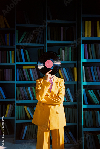 Unrecognizable woman hiding face with gramophone record photo