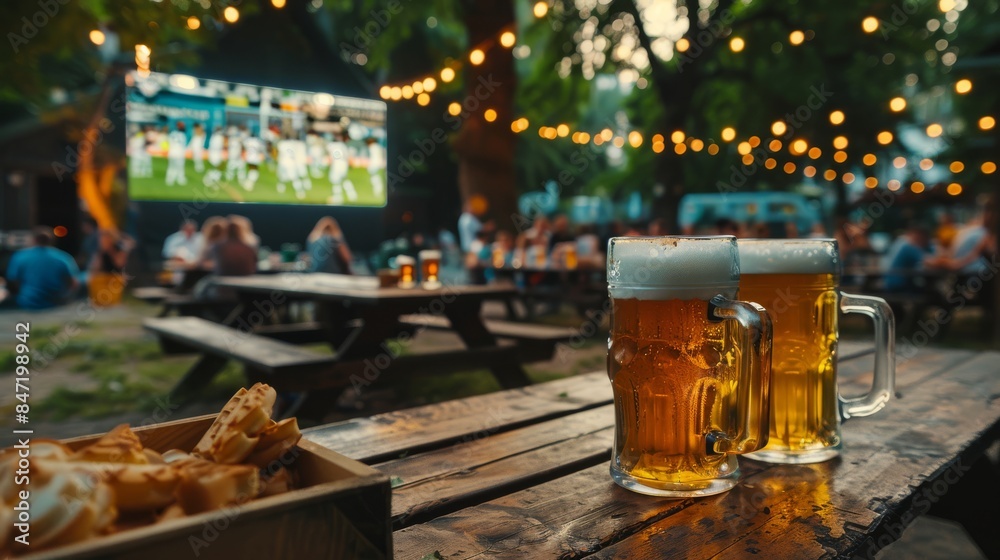 Pints and snacks in a festive beer garden in the background you can see a blurry screen with a soccer match Pints and snacks in a festive beer garden in the background you can see a blurry screen with a soccer match