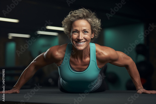 Smiling senior woman doing push ups at the gym