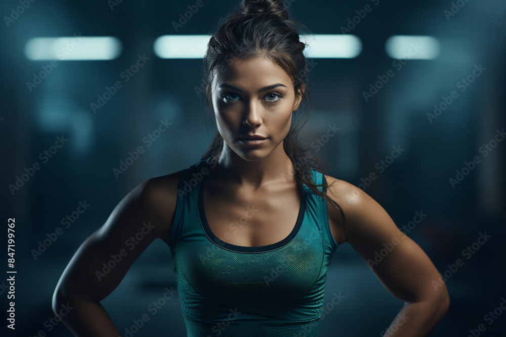 Woman in a green tank top stands with her hands on her hips in a gym Woman in a green tank top stands with her hands on her hips in a gym