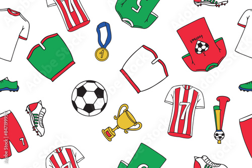 Seamless pattern of clothing and paraphernalia of football players. Football team t-shirts in doodle style. Football decorative illustration. Vector. 