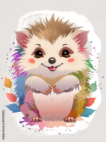 Cute hedgehog with splashes of colors on a lilac background
