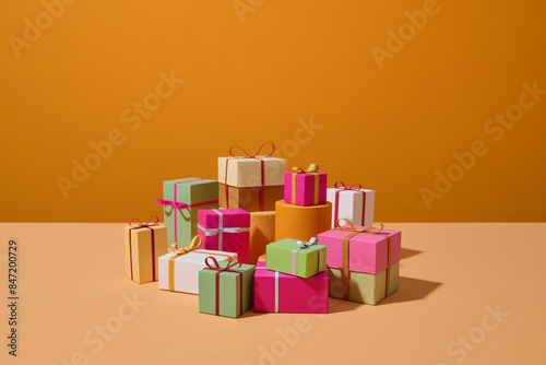 colorful wrapped gift boxes with bows against yellow background