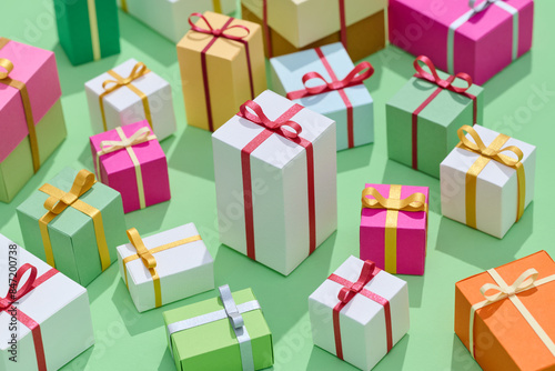 Minimal composition background of colored gift boxes