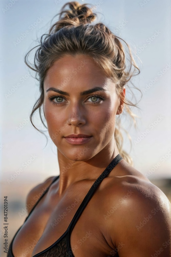 A beautiful woman with a muscular body, tanned skin, and a natural beauty, with a strong gaze, looking at the camera. A beautiful woman with a muscular body, tanned skin, and a natural beauty, with a strong gaze, looking at the camera.