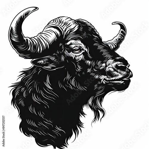 A black and white drawing of a bison 's head