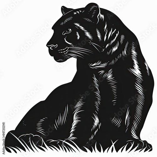 A black and white drawing of a panther laying in the grass