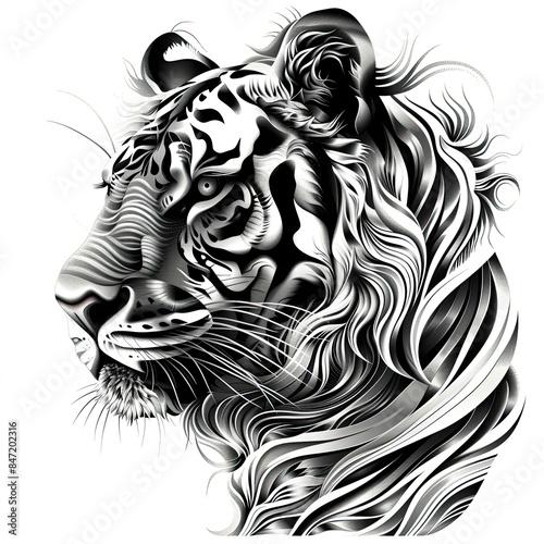 A black and white drawing of a tiger 's head