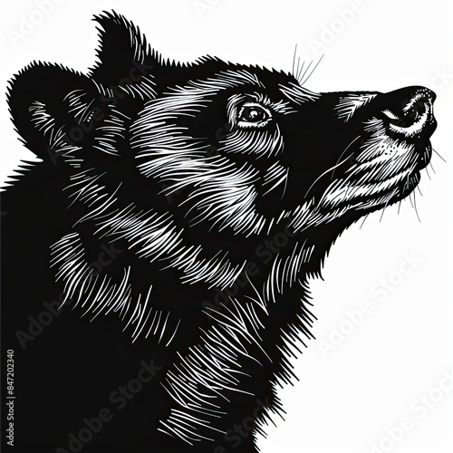 A black and white drawing of a bear looking up